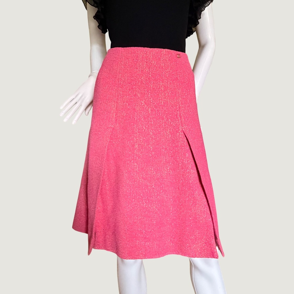 Chanel Womens Pink Tweed Metallic A-Line Skirt CC Logo Silk Lined Size 44/US 12